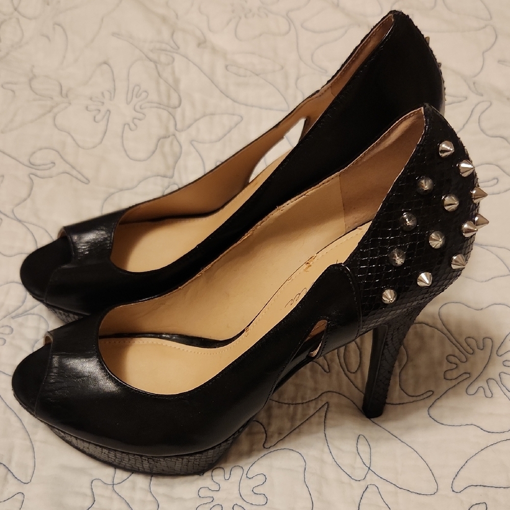Studded Black Peep Toe Heels